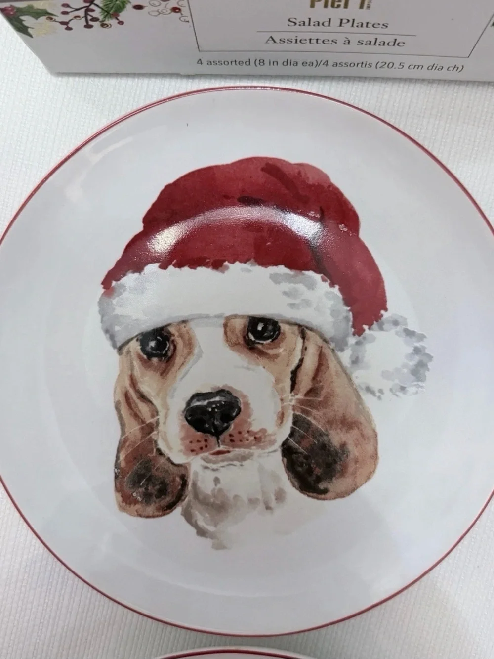 Pier 1 Holiday Dog Ceramic Salad Plates - Red & Green Accents